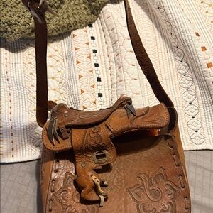 Tooled Brown Leather Western Saddle Crossbody Bag